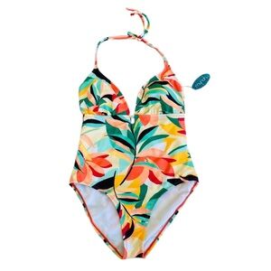 Mynah Tropical Floral Leaf Print Plunging One Piece Swimsuit Size 20 or XXL NWT